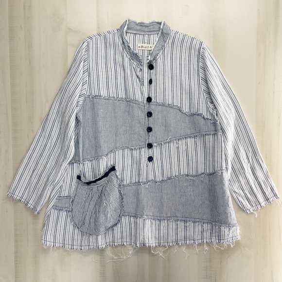 BODIL striped patchwork pocket tunic top blouse lagenlook linen blue XL art work - Picture 1 of 9